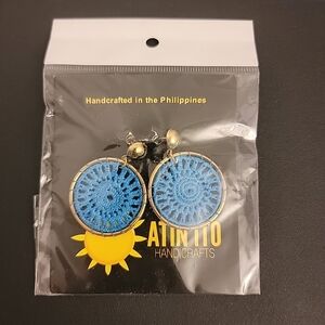 Crochet Earrings Round Blue Handmade Phillipines, Brand New Boho Chic Retro
